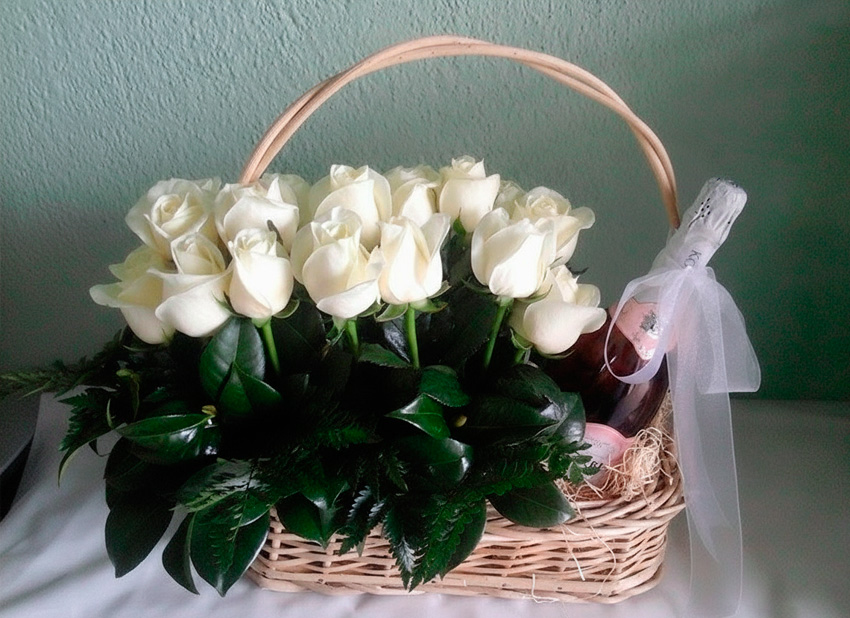 White Roses and Sparkling Wine Basket